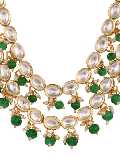 Gold Toned Double line Kundan & Green Beaded Necklace Jewellery Set