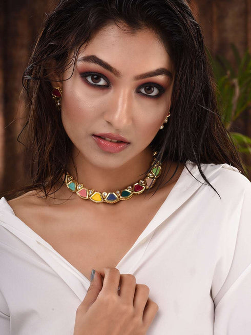 Gold Plated Multi Kundan studded modern Necklace Jewellery Set