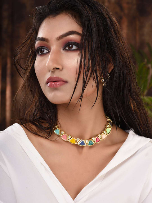 Gold Plated Multi Kundan studded modern Necklace Jewellery Set