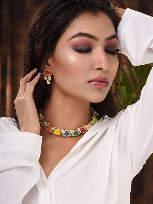 Gold Plated Multi Kundan studded modern Necklace Jewellery Set