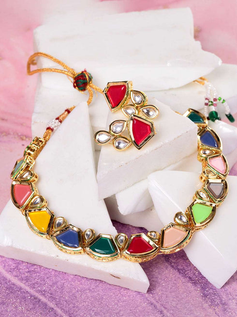 Gold Plated Multi Kundan studded modern Necklace Jewellery Set