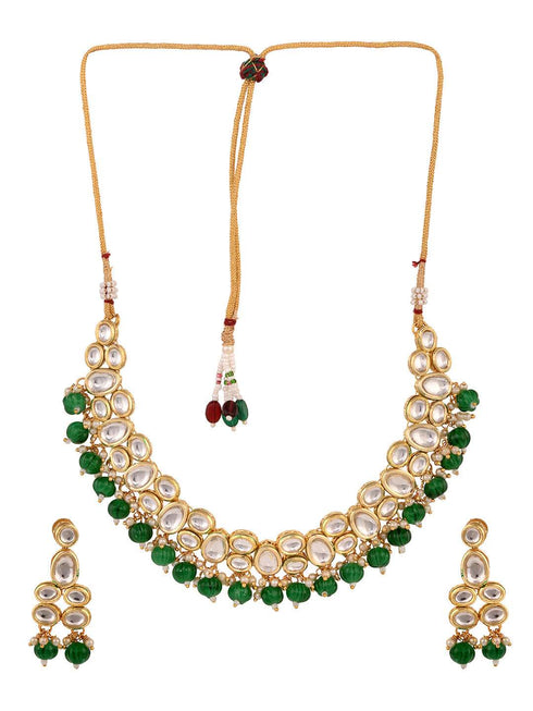 Gold Plated Green & White Kundan studded Beaded Choker Jewellery Set