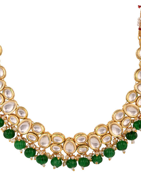 Gold Plated Green & White Kundan studded Beaded Choker Jewellery Set
