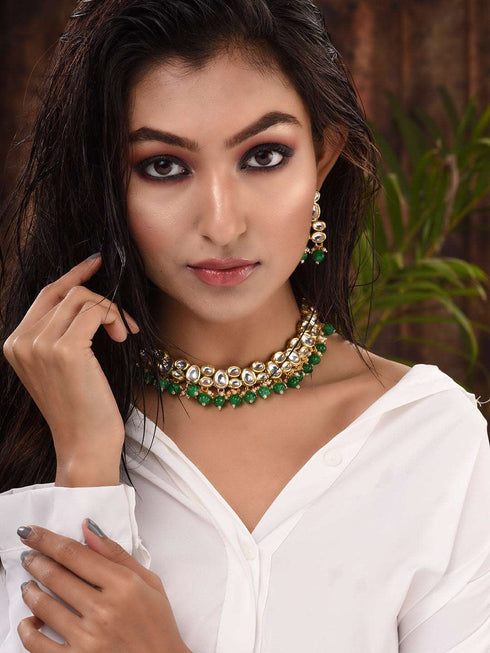 Gold Plated Green & White Kundan studded Beaded Choker Jewellery Set