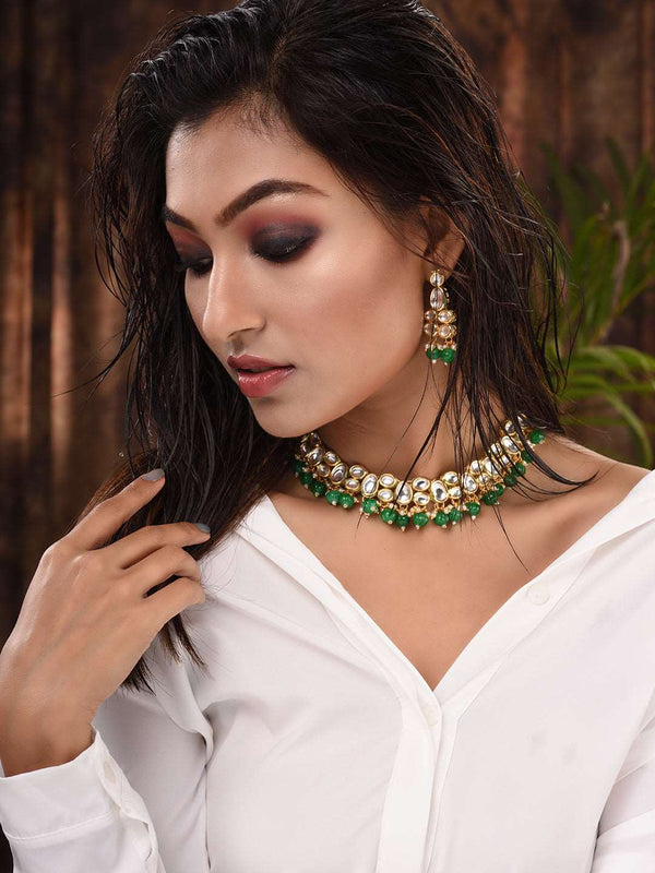 Gold Plated Green & White Kundan studded Beaded Choker Jewellery Set