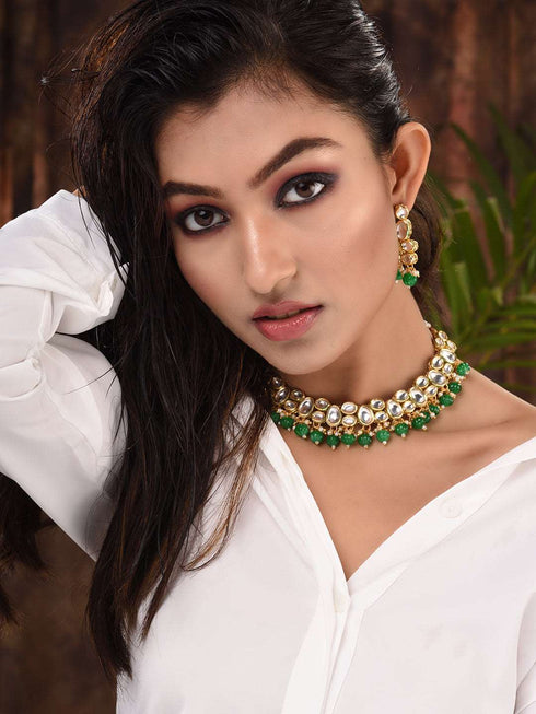 Gold Plated Green & White Kundan studded Beaded Choker Jewellery Set