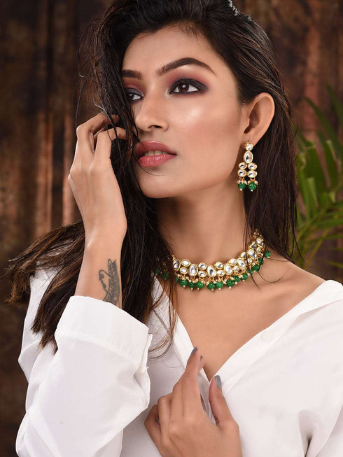 Gold Plated Green & White Kundan studded Beaded Choker Jewellery Set