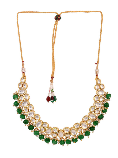Gold Plated Green & White Kundan studded Beaded Choker Jewellery Set