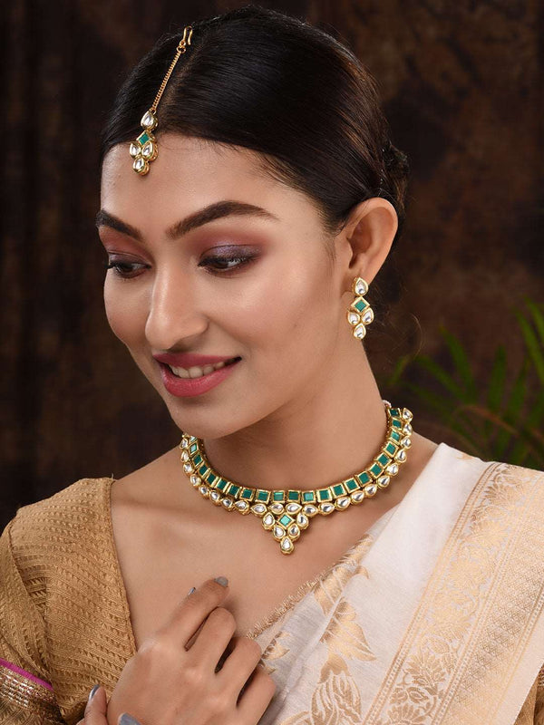 Gold Plated Green & White Kundan studded modern Necklace Jewellery Set