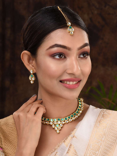 Gold Plated Green & White Kundan studded modern Necklace Jewellery Set