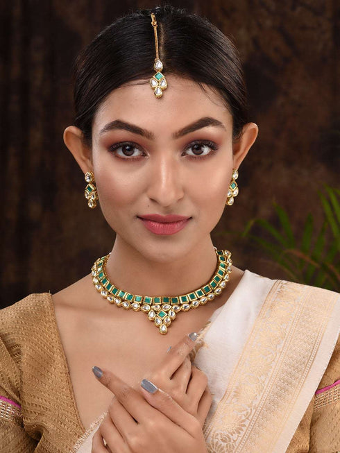 Gold Plated Green & White Kundan studded modern Necklace Jewellery Set