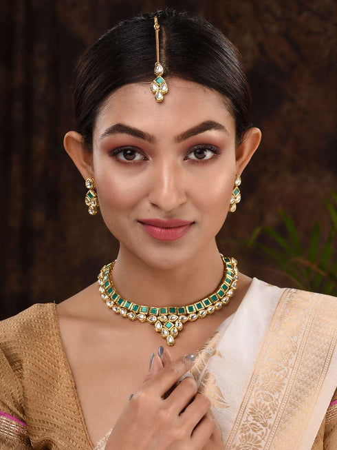 Gold Plated Green & White Kundan studded modern Necklace Jewellery Set