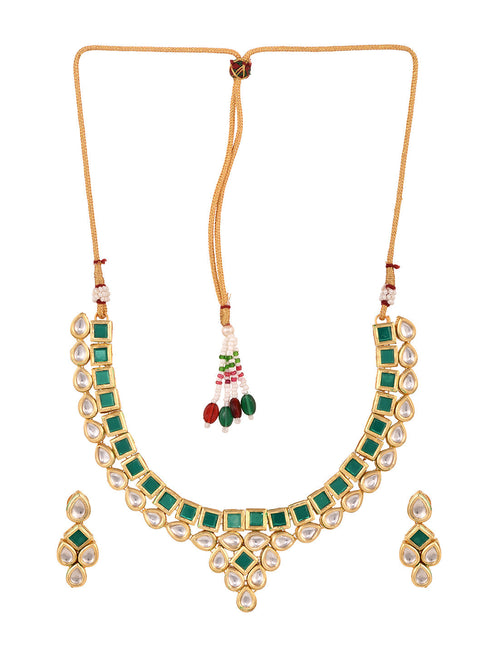 Gold Plated Green & White Kundan studded modern Necklace Jewellery Set
