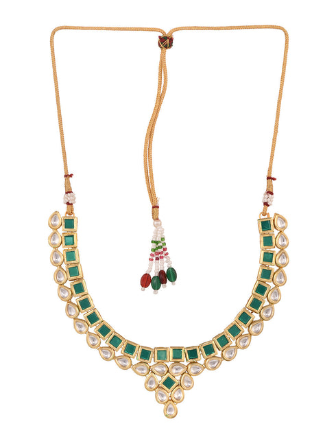 Gold Plated Green & White Kundan studded modern Necklace Jewellery Set