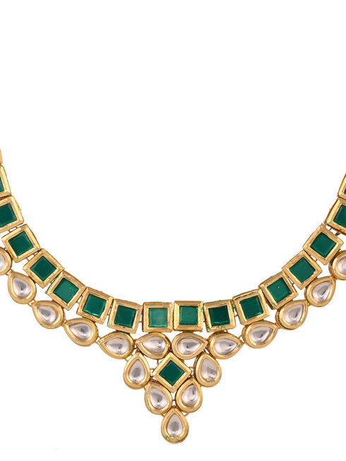 Gold Plated Green & White Kundan studded modern Necklace Jewellery Set