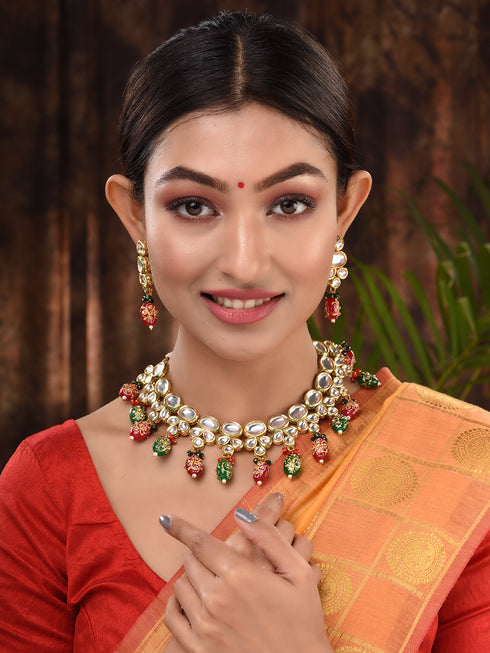 Gold Toned Kundan & Multi Bead studded Handcrafted Jewellery Set