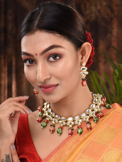 Gold Toned Kundan & Multi Bead studded Handcrafted Jewellery Set