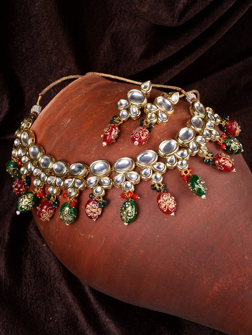Gold Toned Kundan & Multi Bead studded Handcrafted Jewellery Set