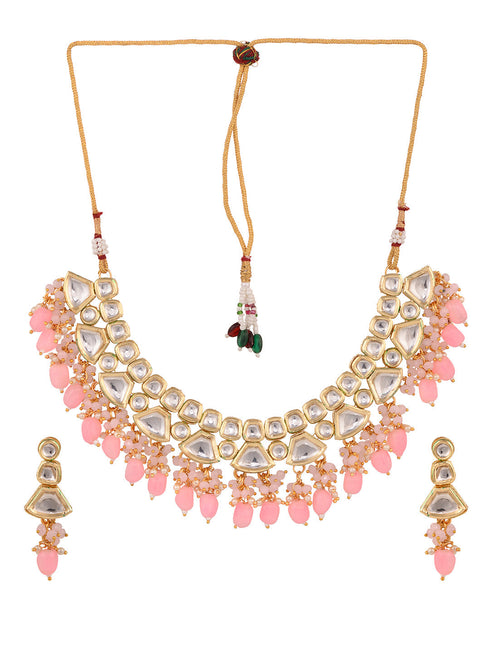 Gold Toned Kundan & Pink Bead studded Handcrafted Jewellery Set