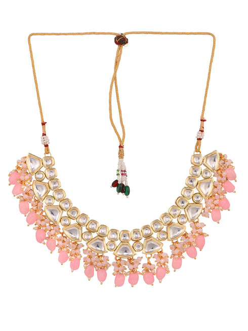 Gold Toned Kundan & Pink Bead studded Handcrafted Jewellery Set