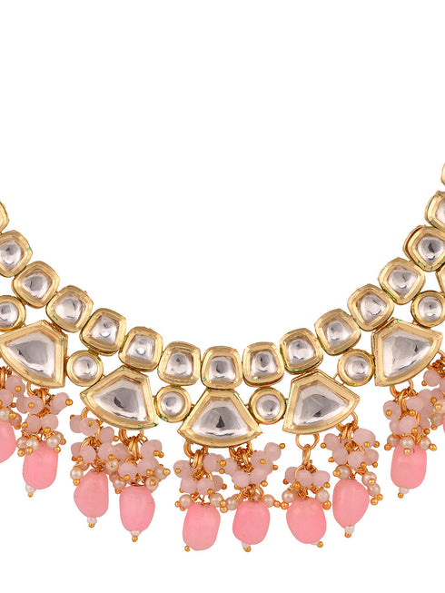 Gold Toned Kundan & Pink Bead studded Handcrafted Jewellery Set
