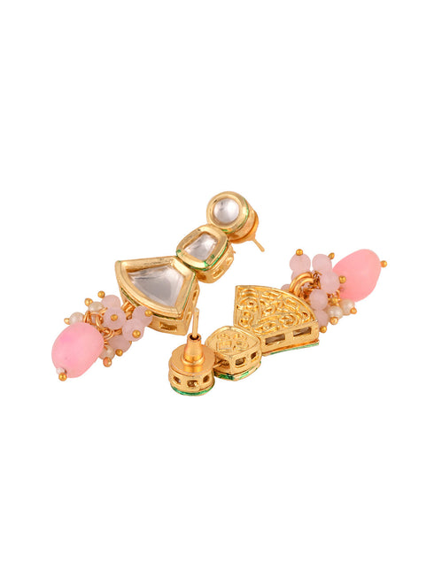 Gold Toned Kundan & Pink Bead studded Handcrafted Jewellery Set