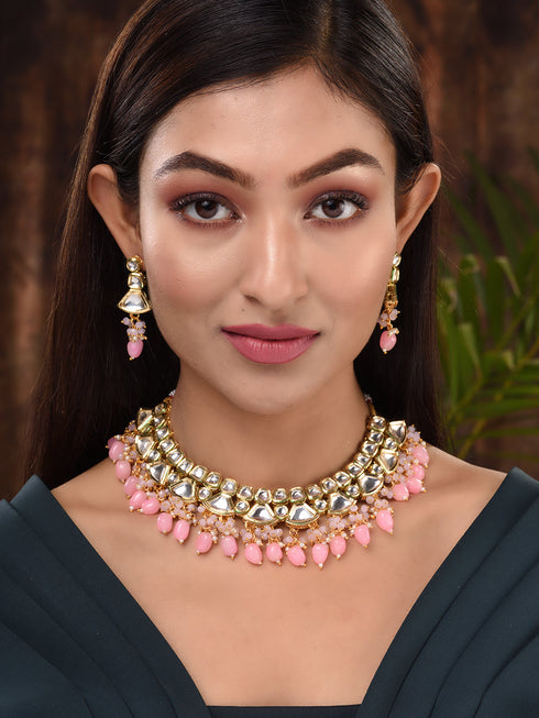 Gold Toned Kundan & Pink Bead studded Handcrafted Jewellery Set