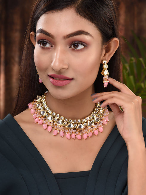 Gold Toned Kundan & Pink Bead studded Handcrafted Jewellery Set