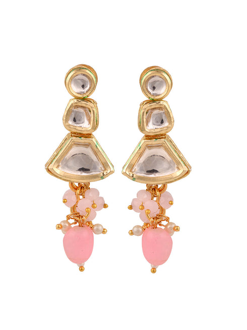 Gold Toned Kundan & Pink Bead studded Handcrafted Jewellery Set