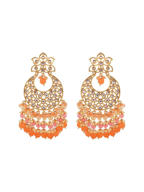 Gold Plated Orange Kundan studded & Beadded modern Chandballi Earrings
