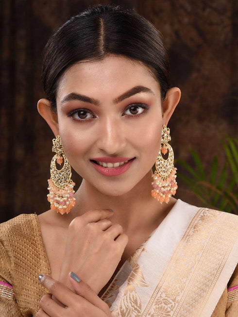 Gold Plated Orange Kundan studded & Beadded modern Chandballi Earrings