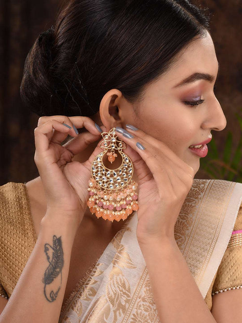 Gold Plated Orange Kundan studded & Beadded modern Chandballi Earrings