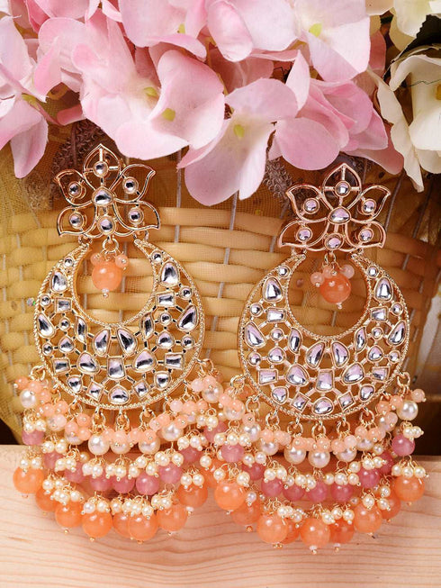 Gold Plated Orange Kundan studded & Beadded modern Chandballi Earrings