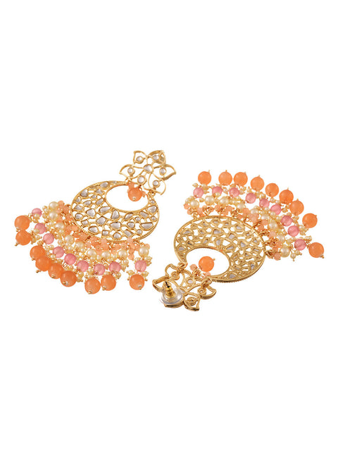 Gold Plated Orange Kundan studded & Beadded modern Chandballi Earrings