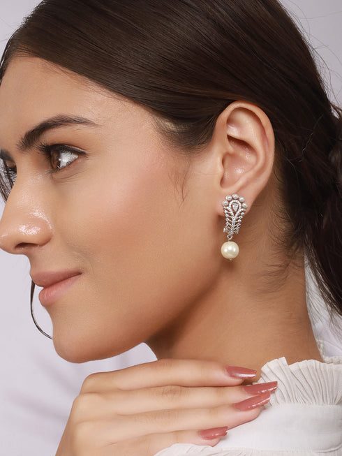 Silver Toned Pearl Beaded Minimal Studs Bali Earrings