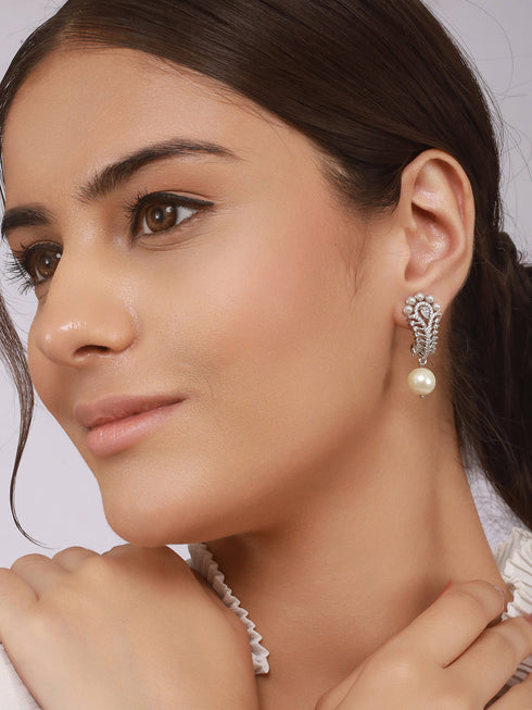 Silver Toned Pearl Beaded Minimal Studs Bali Earrings