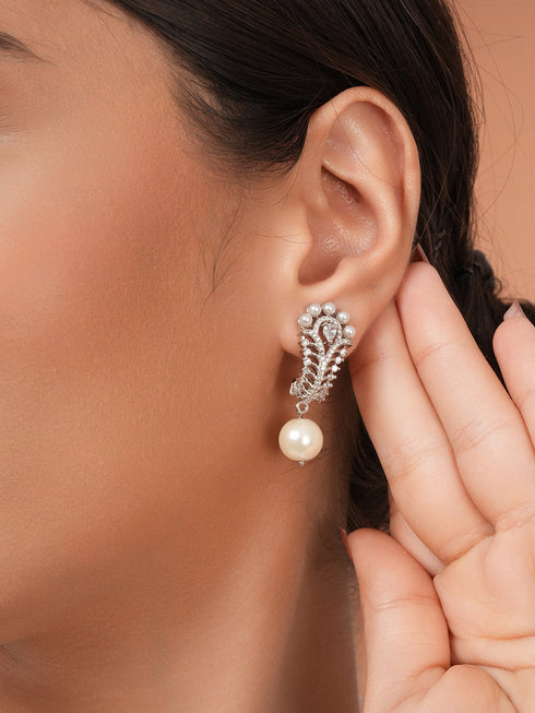 Silver Toned Pearl Beaded Minimal Studs Bali Earrings