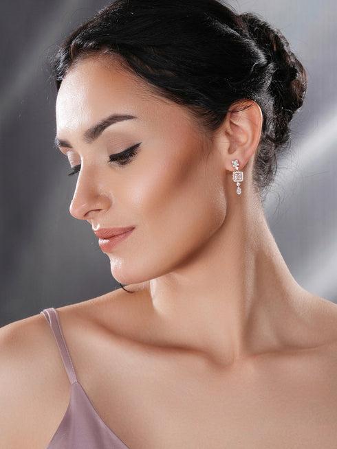 Rose Gold Plated Zircon Studded Classic Minimal Designer Drop Earrings