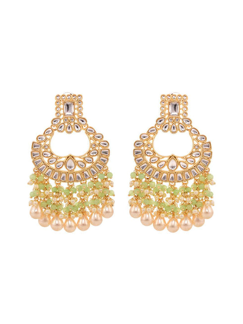 Gold Plated Mint Kundan studded & Beadded Cresent Chandballi Earrings