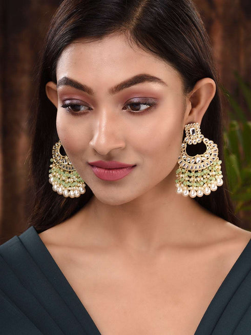 Gold Plated Mint Kundan studded & Beadded Cresent Chandballi Earrings
