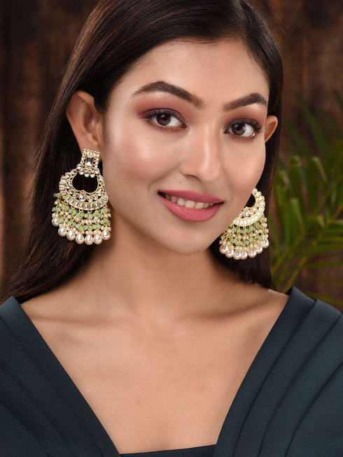 Gold Plated Mint Kundan studded & Beadded Cresent Chandballi Earrings