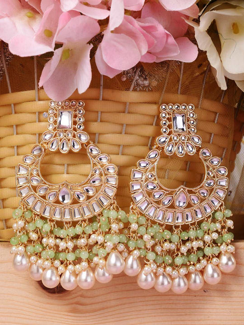 Gold Plated Mint Kundan studded & Beadded Cresent Chandballi Earrings