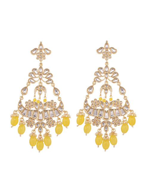 Gold Plated Yellow Kundan studded & Beadded modern Dangler Earrings