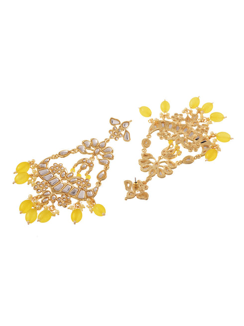 Gold Plated Yellow Kundan studded & Beadded modern Dangler Earrings