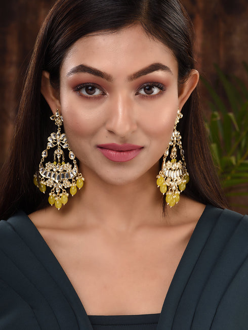 Gold Plated Yellow Kundan studded & Beadded modern Dangler Earrings