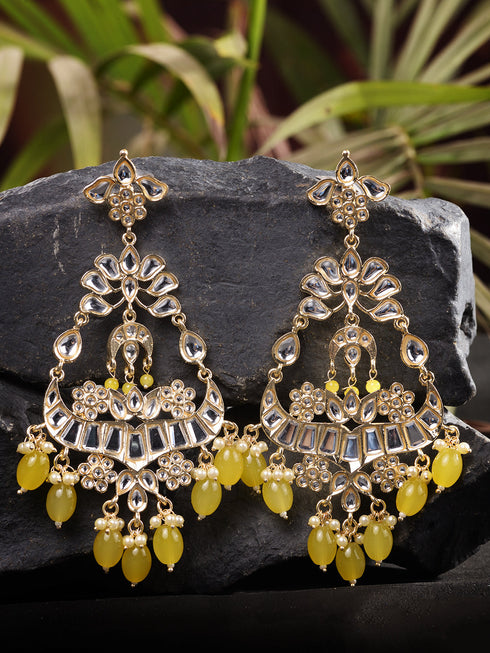 Gold Plated Yellow Kundan studded & Beadded modern Dangler Earrings