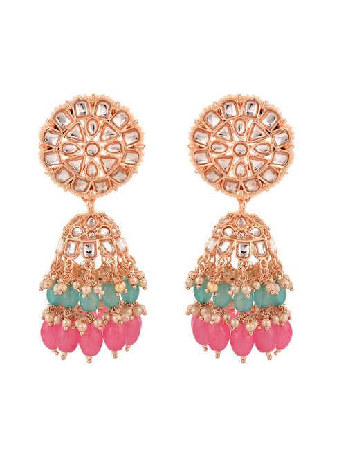 Gold Plated Mint & Pink Kundan studded & Beadded Jhumka Earrings