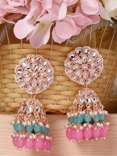 Gold Plated Mint & Pink Kundan studded & Beadded Jhumka Earrings