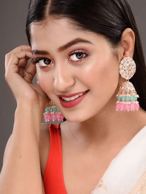 Gold Plated Mint & Pink Kundan studded & Beadded Jhumka Earrings