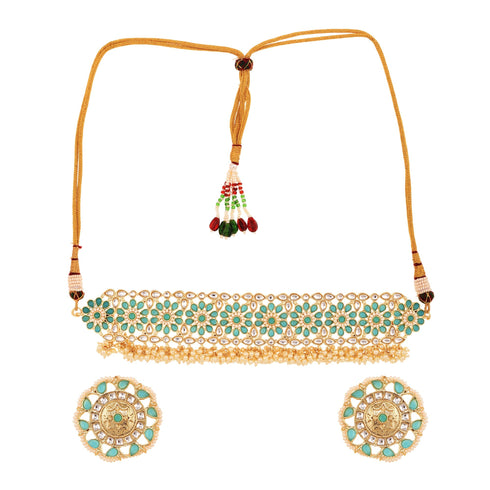 Gold Toned Mint & White Kundan AD studded Pearl beadded Choker Jewellery Set